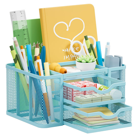 Marbrasse Mesh Desk Organizer, Pen Organizer with 2 Drawer, Multi-Functional Pencil Holder, Desk