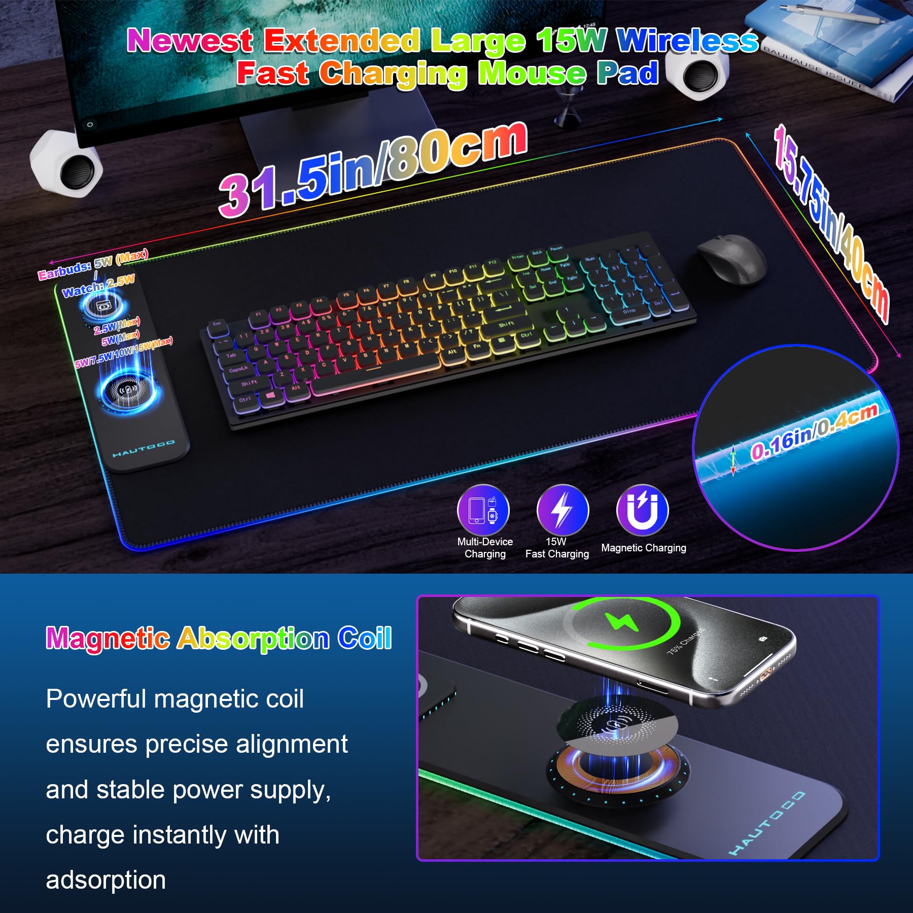 HAUTOCO Wireless Charging Mouse Pad, RGB Large Gaming Desk Mat