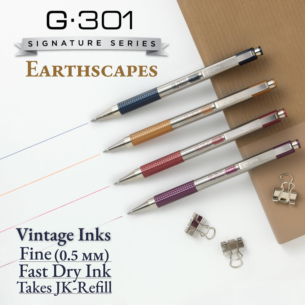 Zebra Pen STEEL G-301 Retractable Gel Pen, Assorted Vintage Ink, 0.5mm, 4Pk
