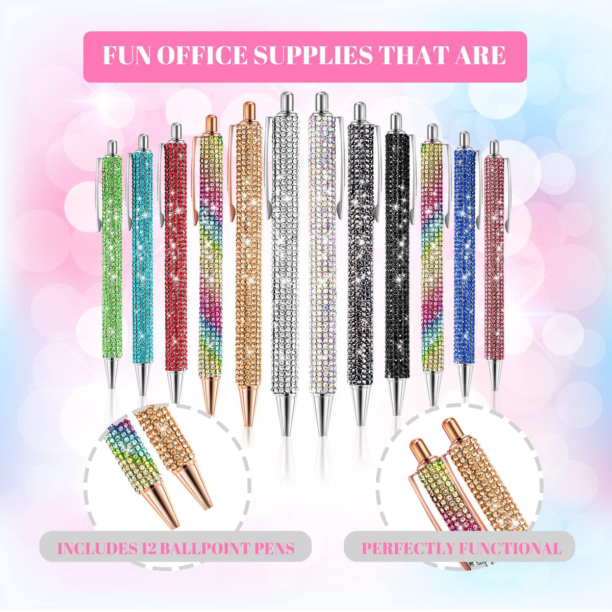 ZSMKJIAYE 12Pcs Rhinestone Pens Bling Metal Ballpoint Diamond Pens Bulk Fancy Sparkly Crystal Press