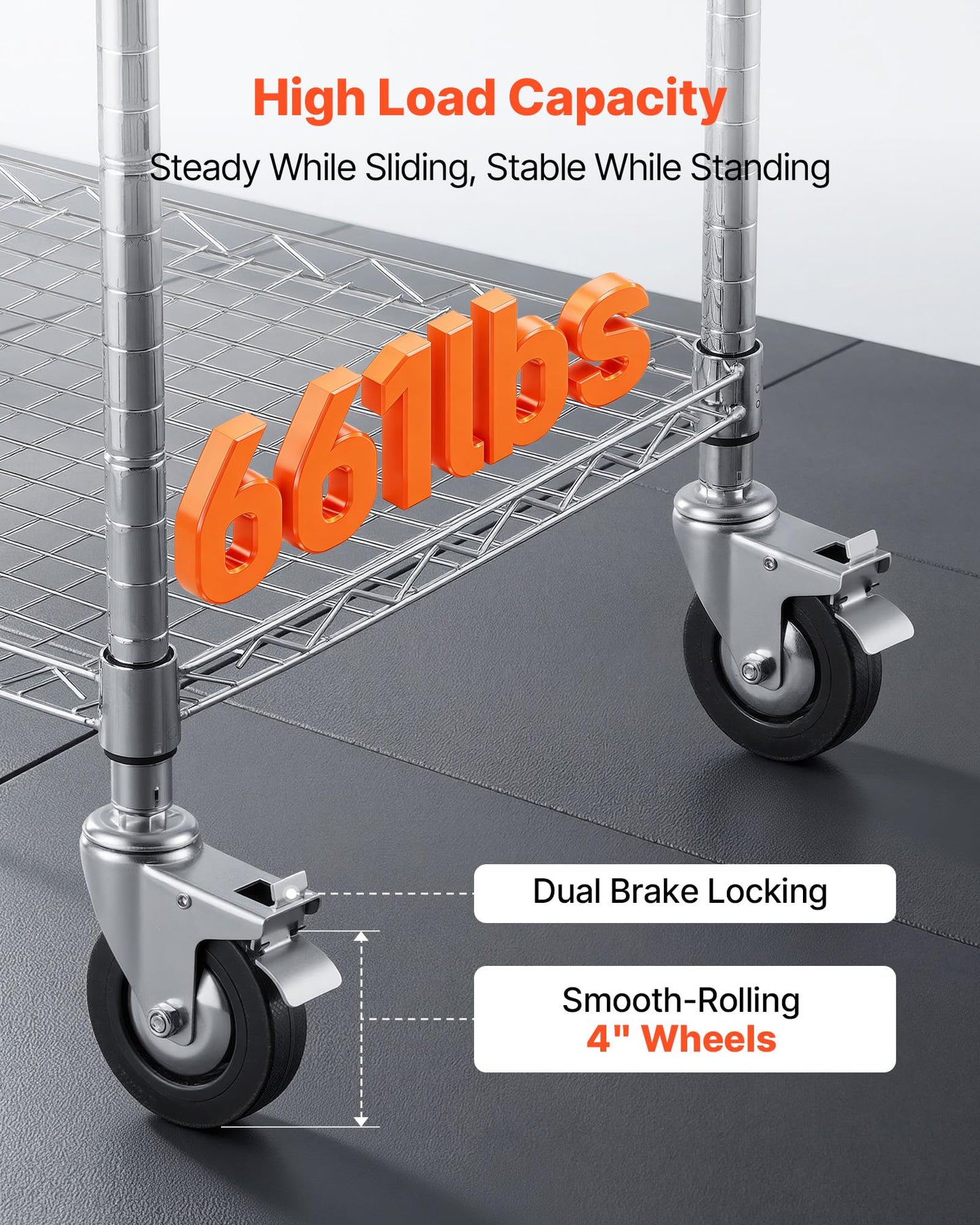 VEVOR 3 Tier Rolling Utility Cart, 661 lbs Static Capacity, Heavy Duty Adjustable Wire Storage Cart