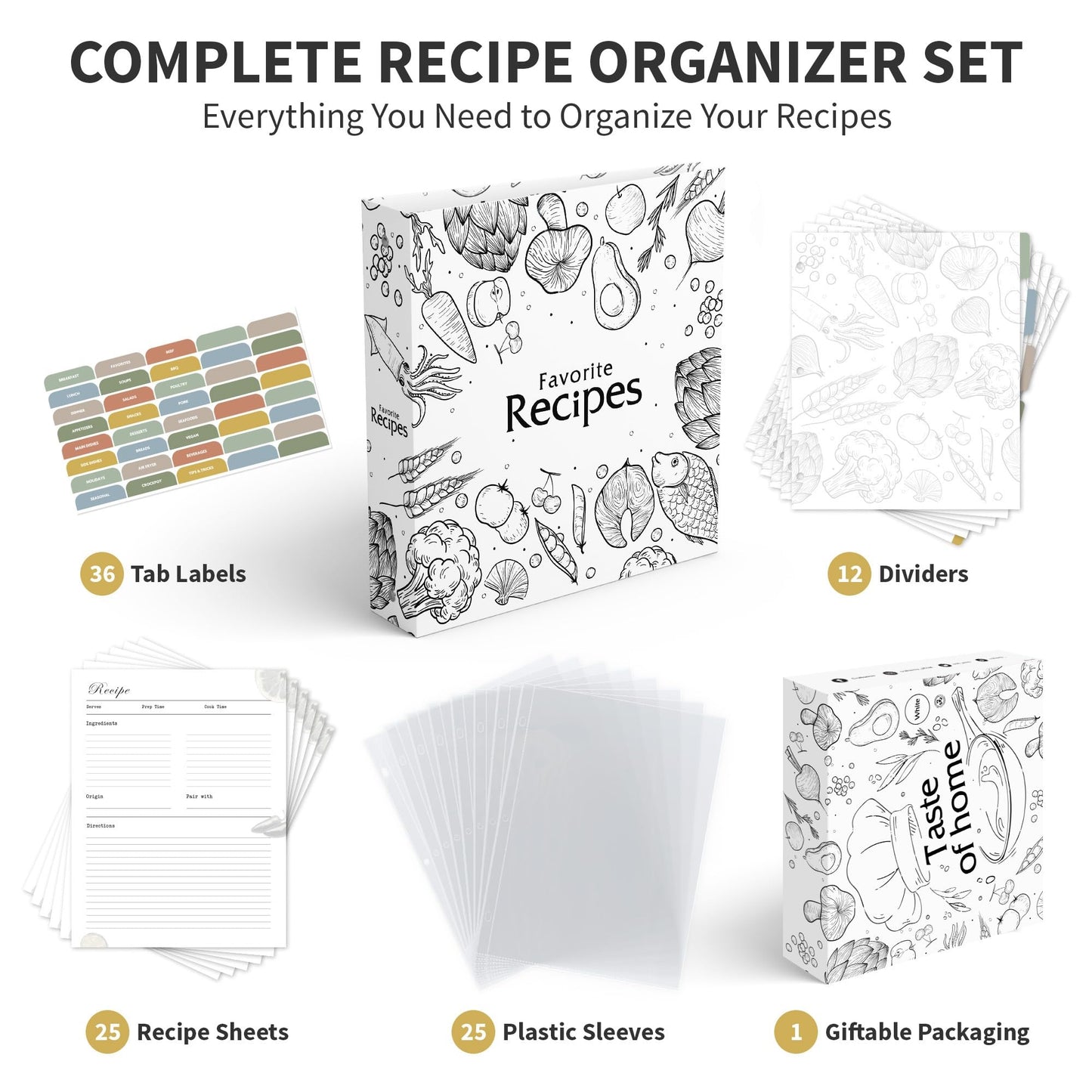 CraftSaints Recipe Binder 8.5x11, 3 Ring DIY Cookbook Kit 12 Dividers & 25 Plastic Sleeves & 25