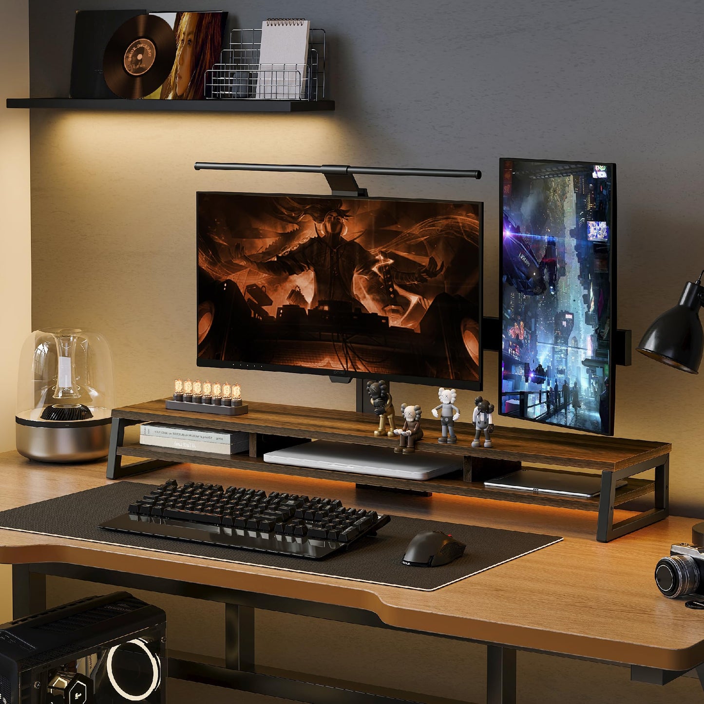 Fenge Dual Monitor Riser for Desk, Open Shelf with 3 Storage Compartments