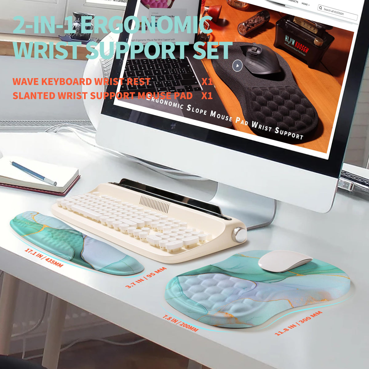 KUOSGM 2-in-1 Ergonomic Set, Wave Rise Keyboard Wrist Rest and Massage Bulge Slope Mouse Pad Wrist
