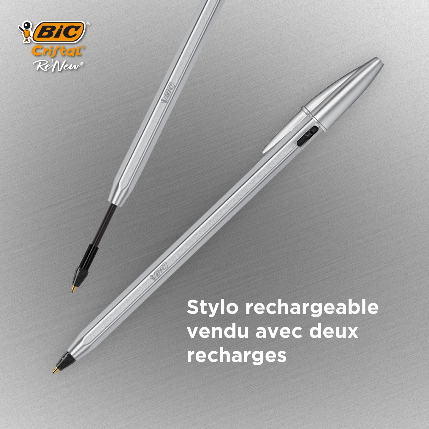 BIC Cristal Re'New, Premium Refillable Ballpoint Pen, in Black and Blue, Pack of 2 Including 2