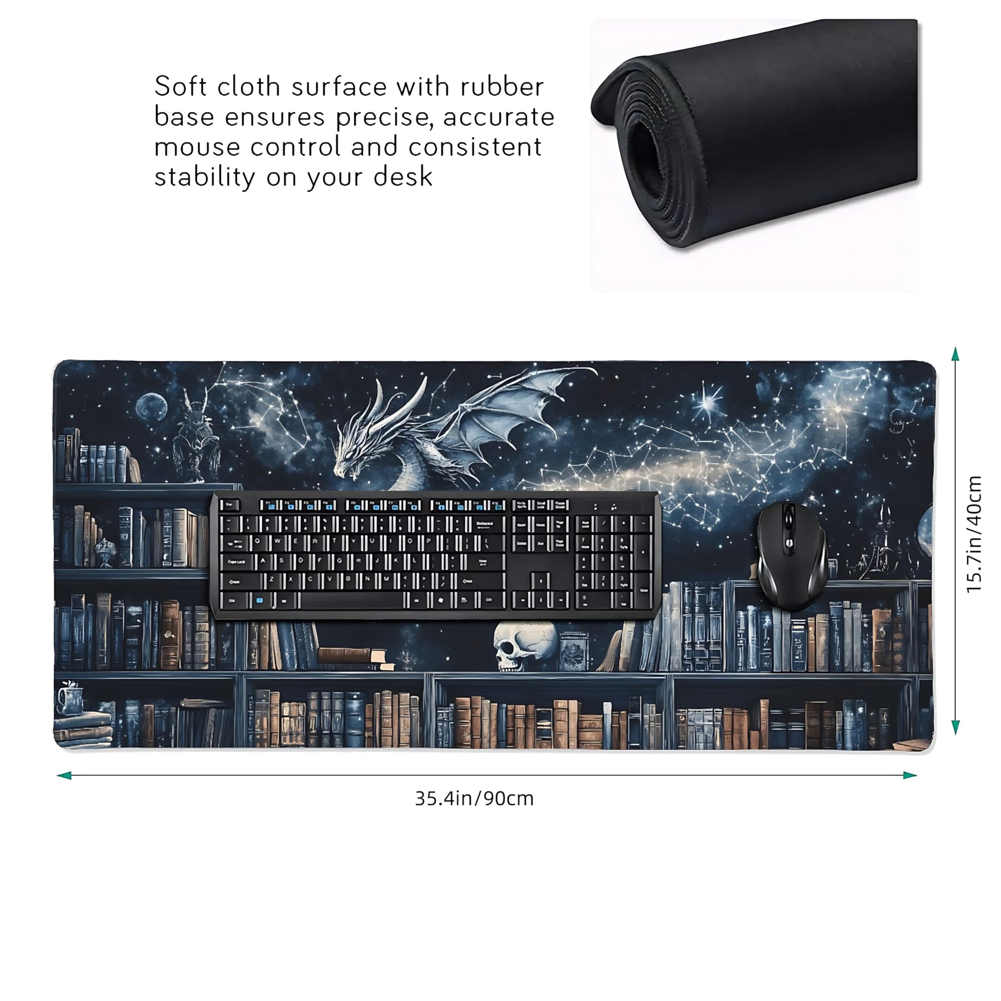 Aesthetic Dragon Gaming Mouse Pad, Black Blue Mystical Desk Mat with Anti-Slip Base & Stitched
