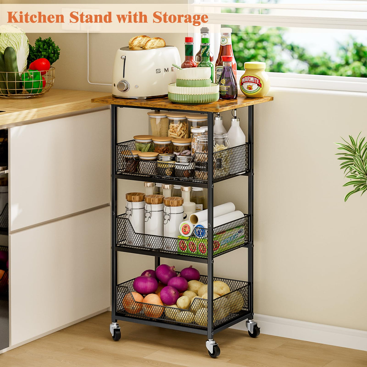 ThreeHio Rolling Kitchen Microwave Cart with Fruit Baskets, 4 Tier Microwave Table Stand with