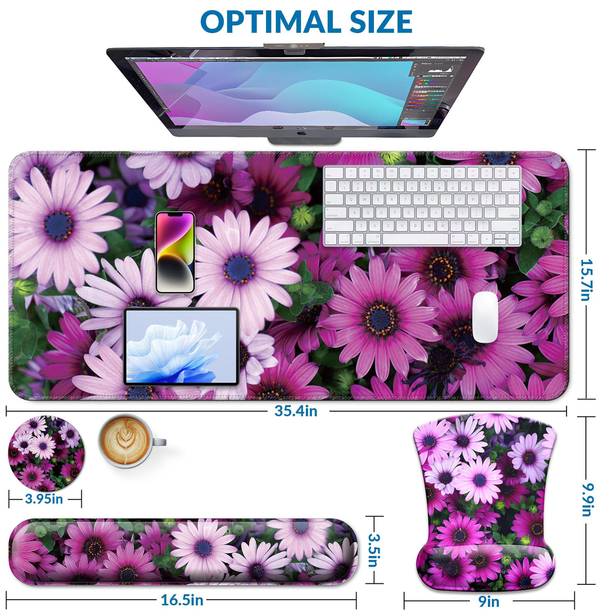 VINEBURY Desk Mat Set Keyboard and Mouse Pad with Wrist Rest Support