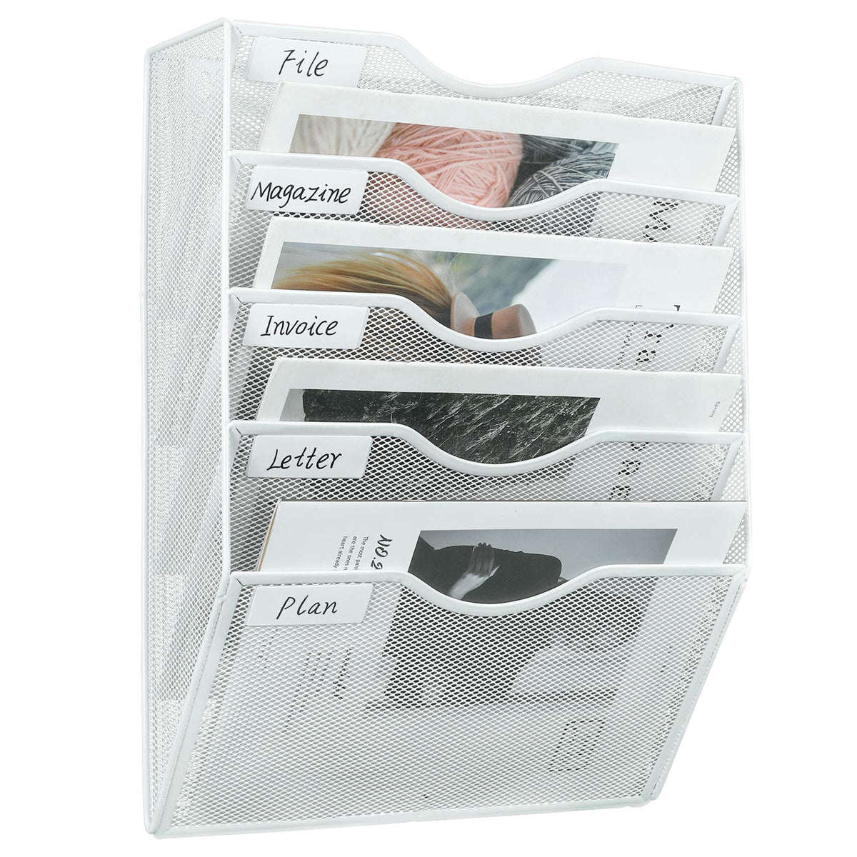 PAG-Mass Hanging Wall File Holder Mail Organizer Wall Mount Document Letter Rack, 5-Tier, White