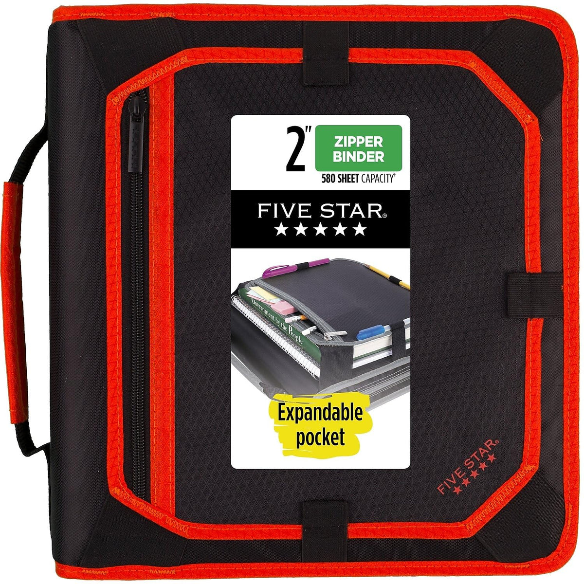 Five Star Zipper Binder, 2 Inch 3 Ring Binder, Expansion Panel, Durable, Color Selected For You, 1