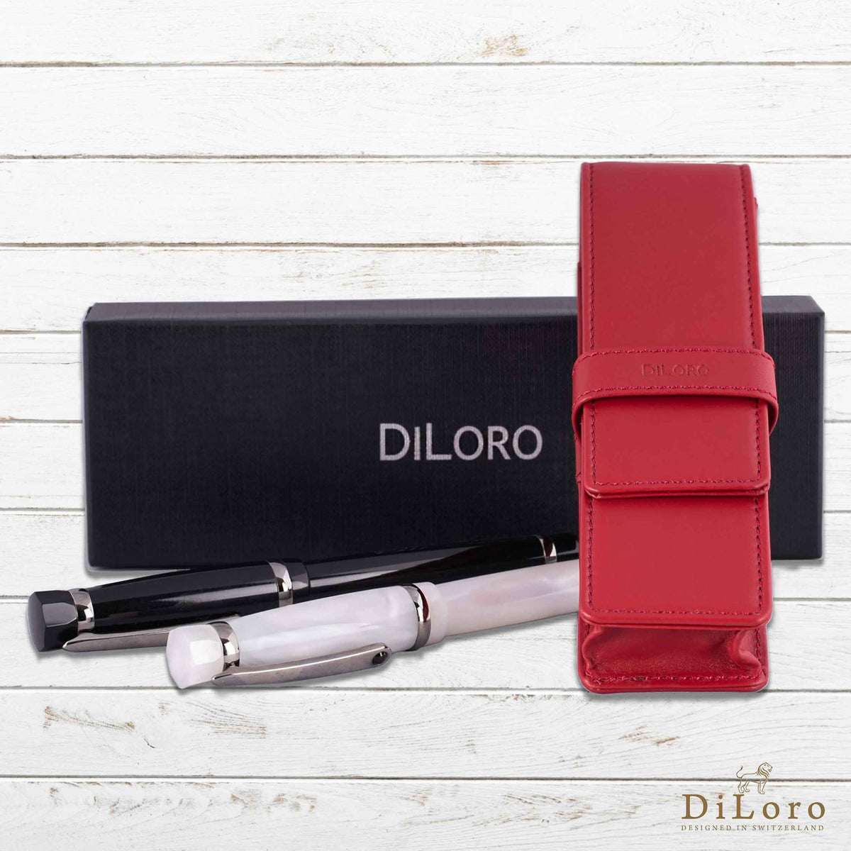 DiLoro Leather Double Pen Case Pencil Pouch Holder for Two Fountain Ballpoint Rollerball Pens and