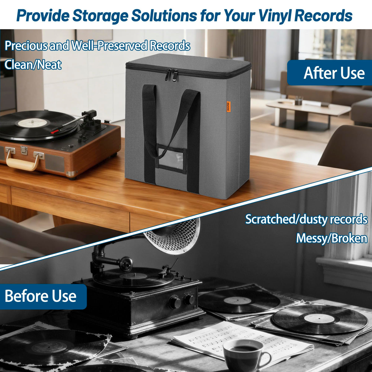 Vinyl Record Storage Box, Record Organizer Storage Bag Stores 35-50 LPs