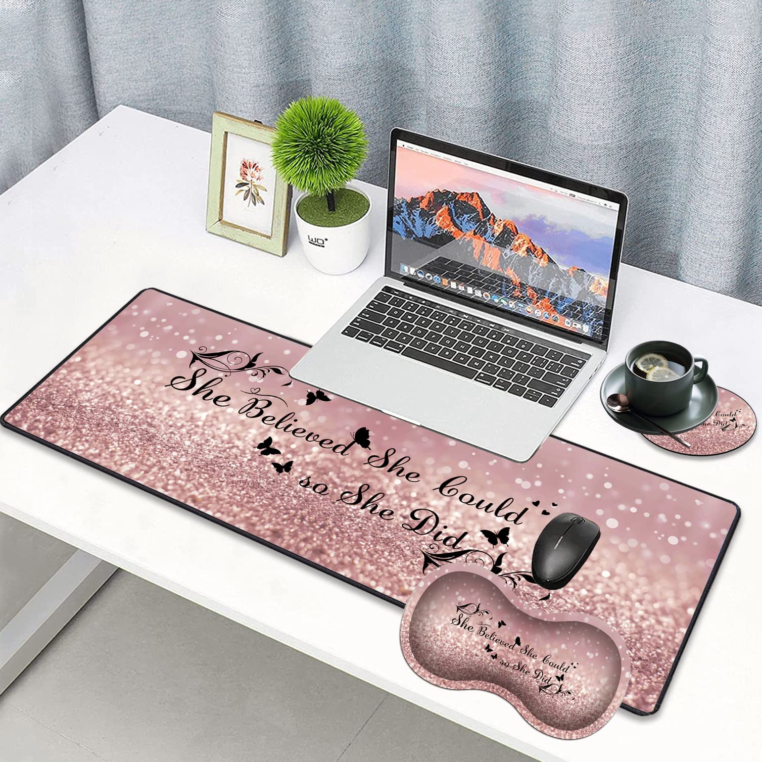 3 Piece Mouse Pad Set with Stitched Edge Large Anti-Slip Mouse Pad Desk Pad Keyboard Pad + Wrist