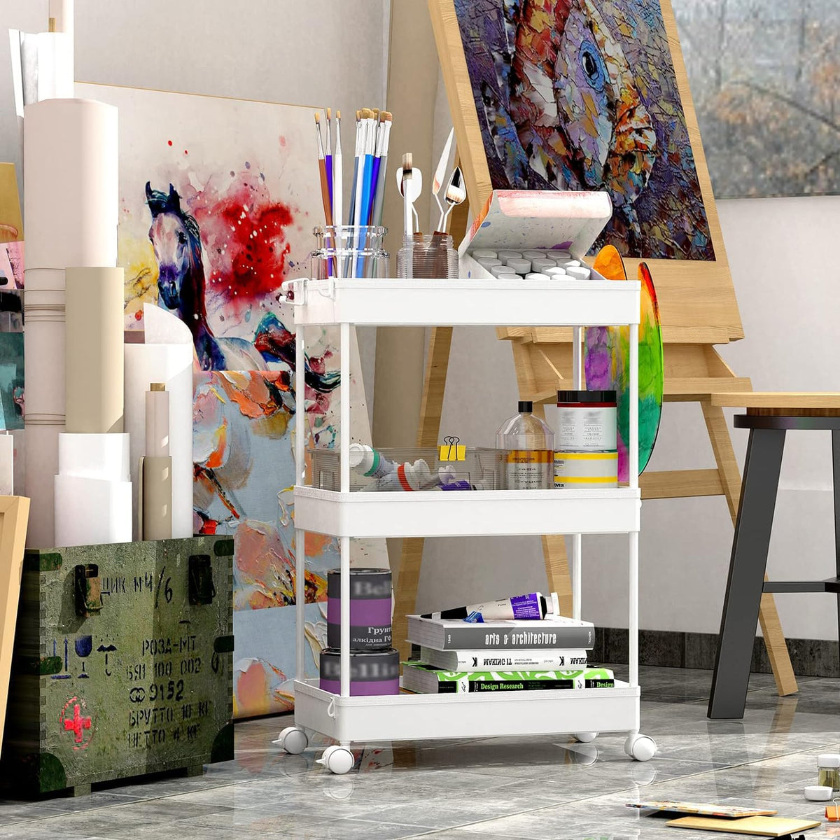 SPACEKEEPER 3 Tier Rolling Cart, Bathroom Cart Organizer with Wheels, White