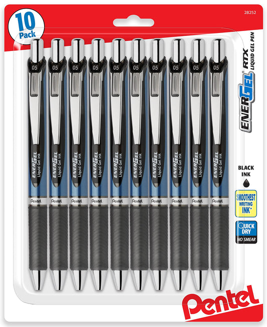Pentel Energel 0.5 mm, Black Needle Tip Pens - Rtx Retractable Pack of 10 Pens