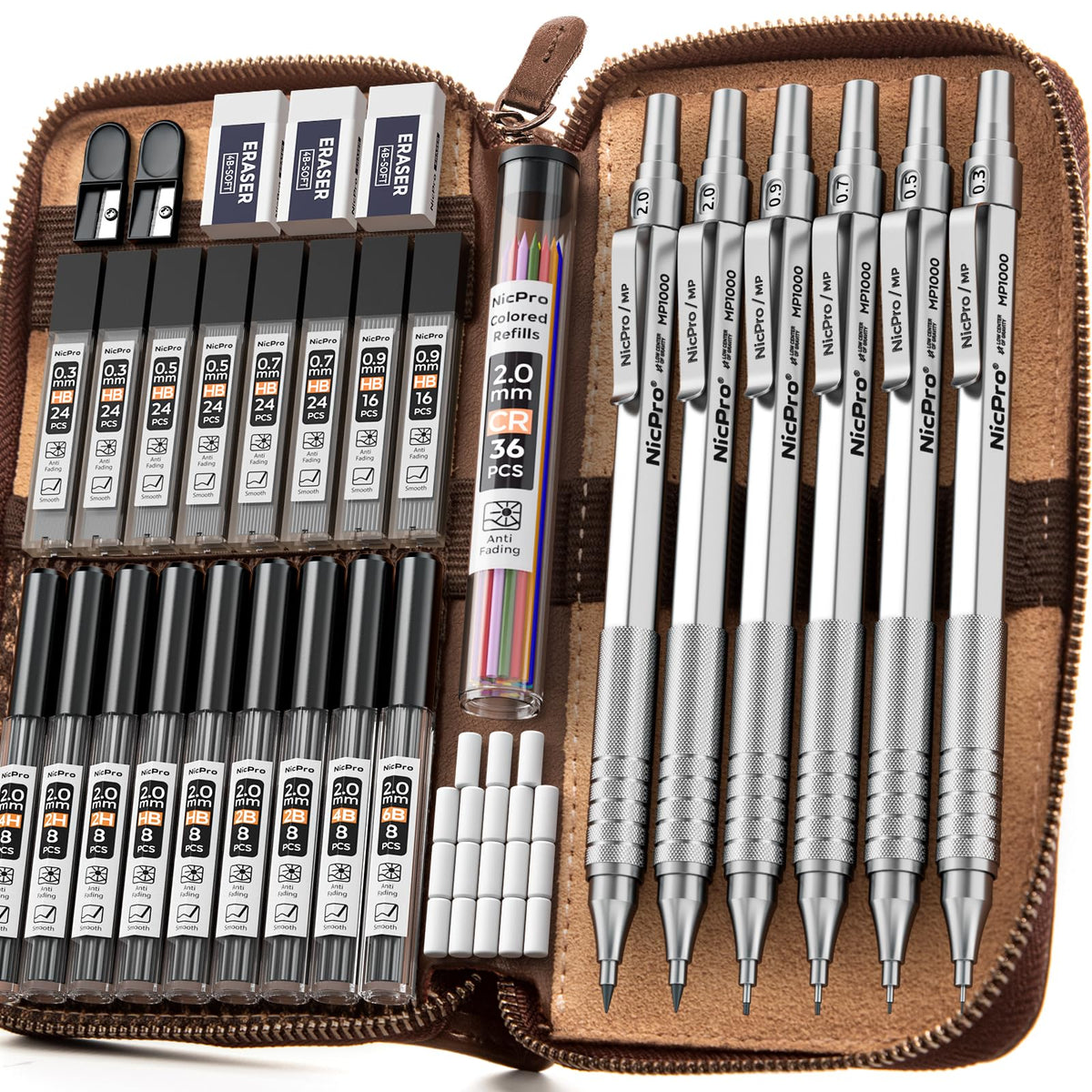 Nicpro 33PCS Metal Mechanical Pencil Set in Leather Case