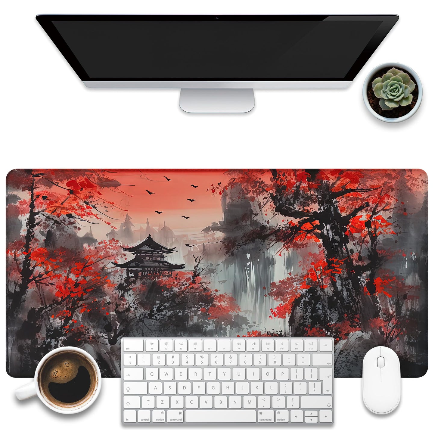 KOAIWPAE Desk Mat, Red Landscape Painting Desk Pad, Ink Painting Large Gaming Mouse Pad for Desk