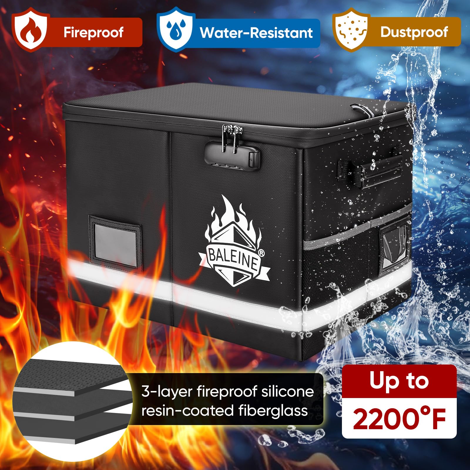BALEINE Fireproof Document Box with Lock, Portable Fireproof Document Bag Waterproof Fire Proof