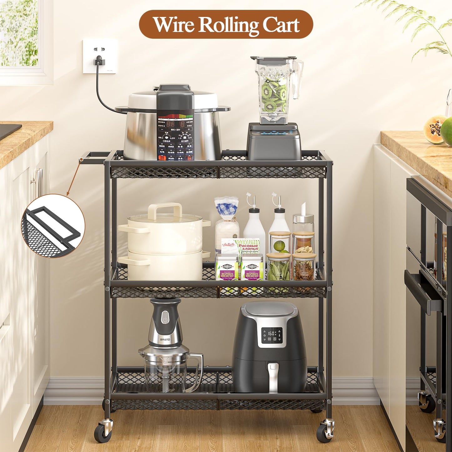 3 Tier Rolling Utility Kitchen Cart, Heavy Duty Wire Rolling Cart on Wheels, Commercial Metal