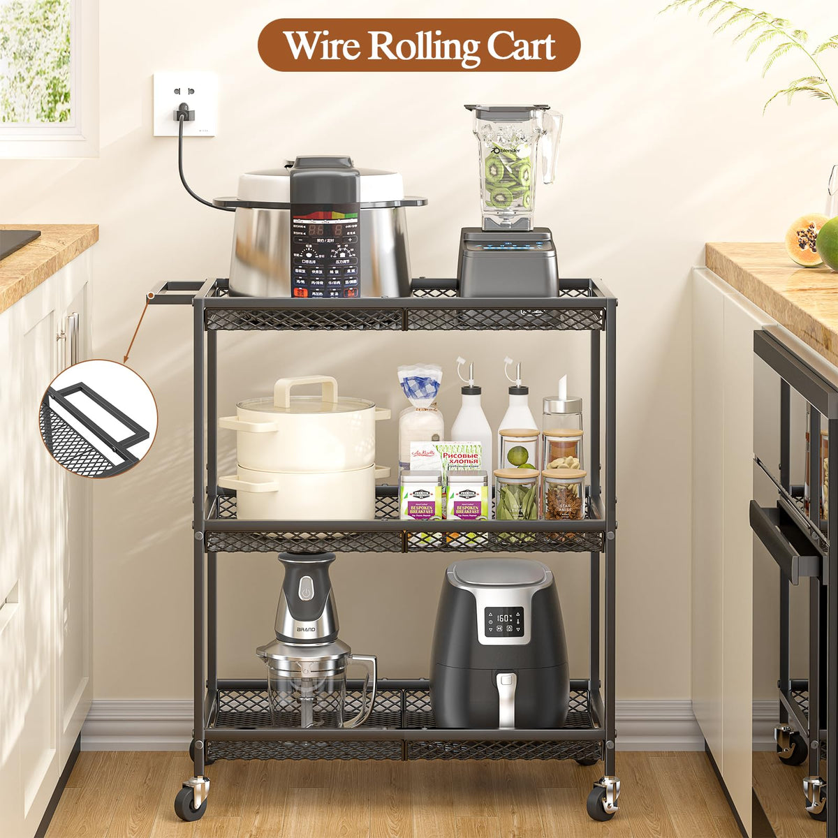 3 Tier Rolling Utility Kitchen Cart, Heavy Duty Wire Rolling Cart on Wheels, Commercial Metal