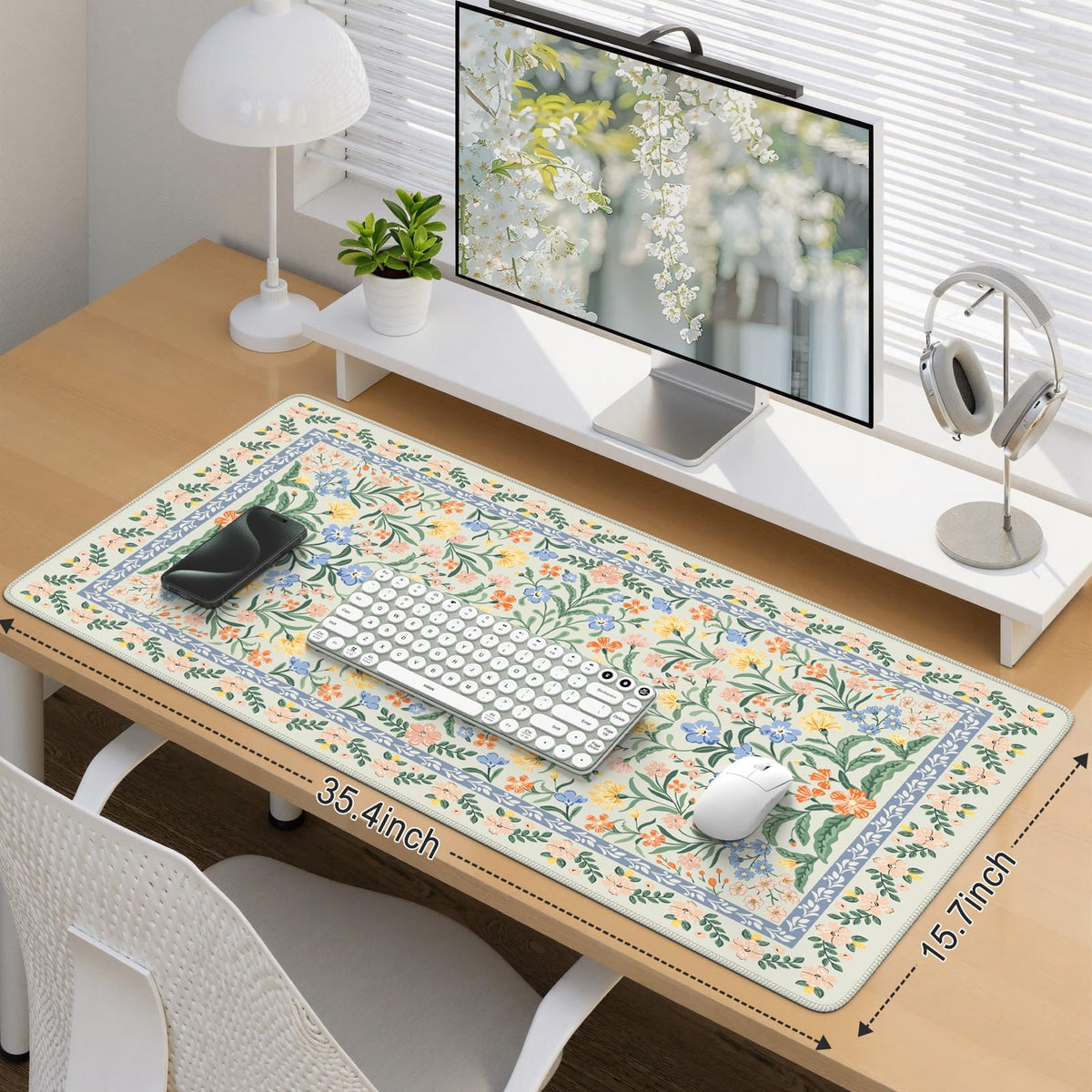 iCasso Desk Mat for Office Decor,35.4 x 15.7 in,Cute Green Floral