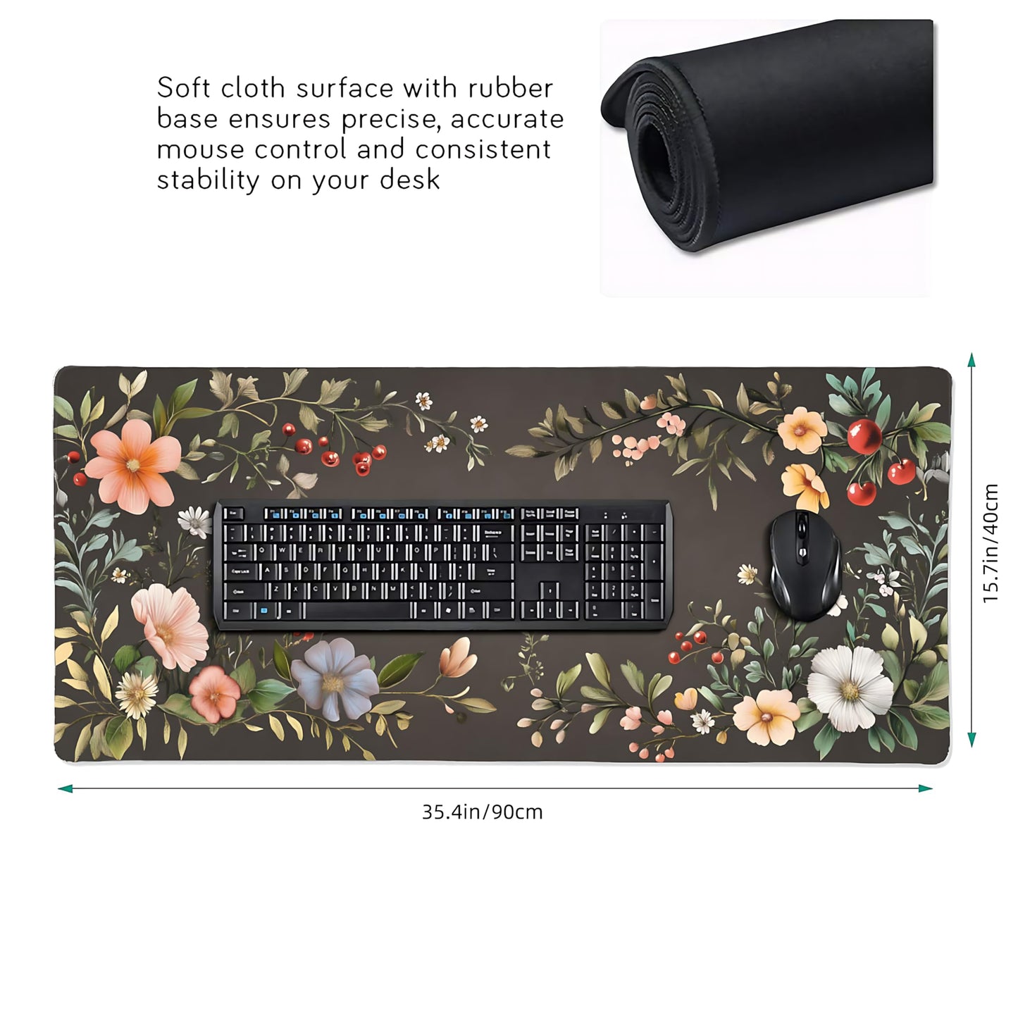 Cute Floral Aesthetic Wildflower Gaming Mouse Pad, Dark Charcoal Cottagecore Desk Mat with