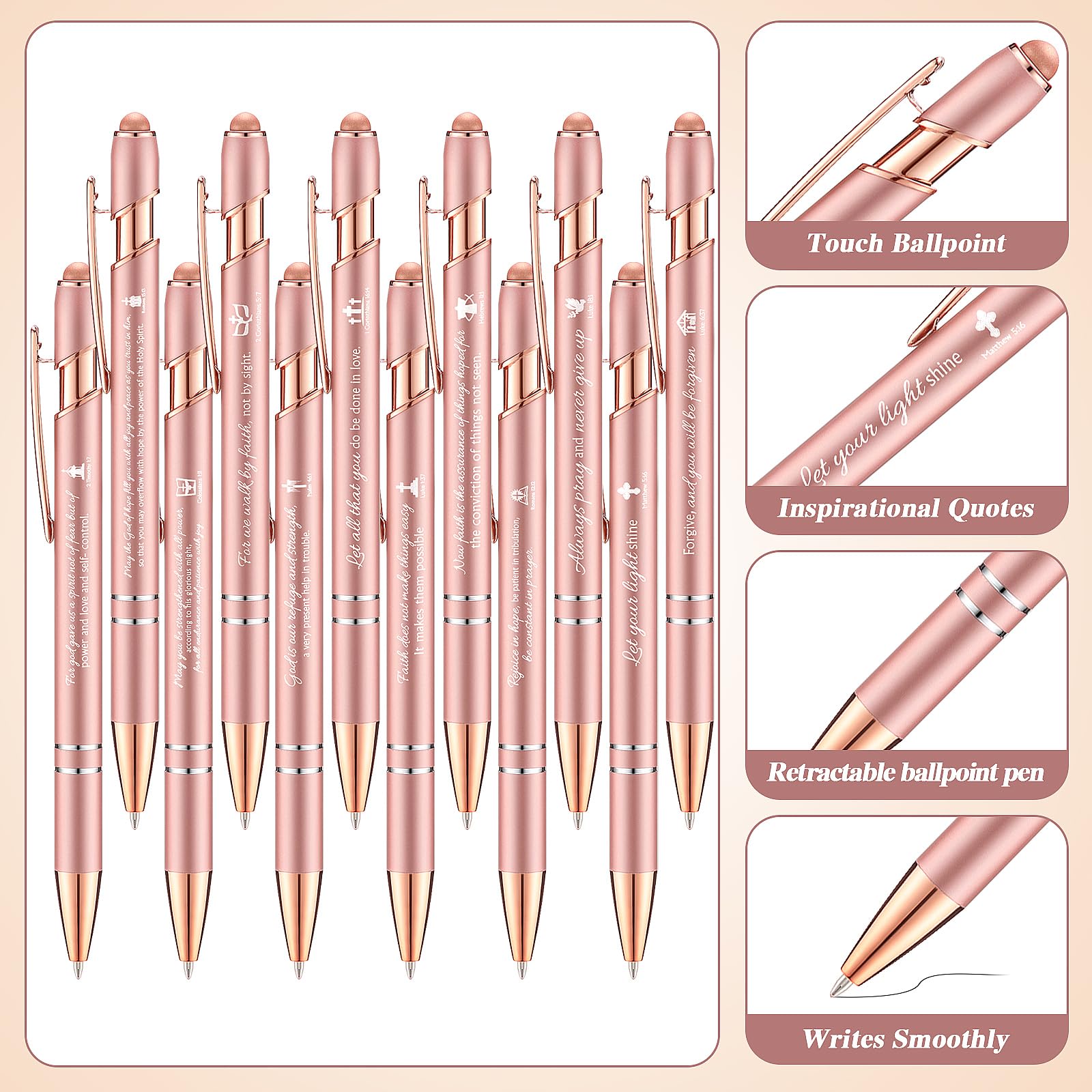 Chuangdi 48 Pcs Bible Verse Pens Bulk Black Ink Pens, Rose Gold