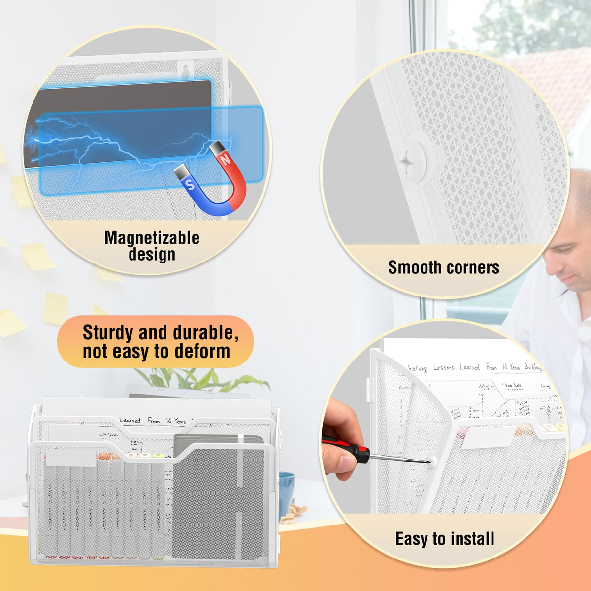 Docnest 3 Pack 2 Tier Dual-Mount Magnetic Mesh File Holders, Wall Organizer