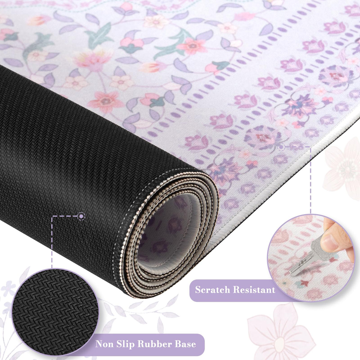 HAOCOO Purple Floral Desktop Mat, 35.4" x 15.7" Mouse Pad for Cubicle