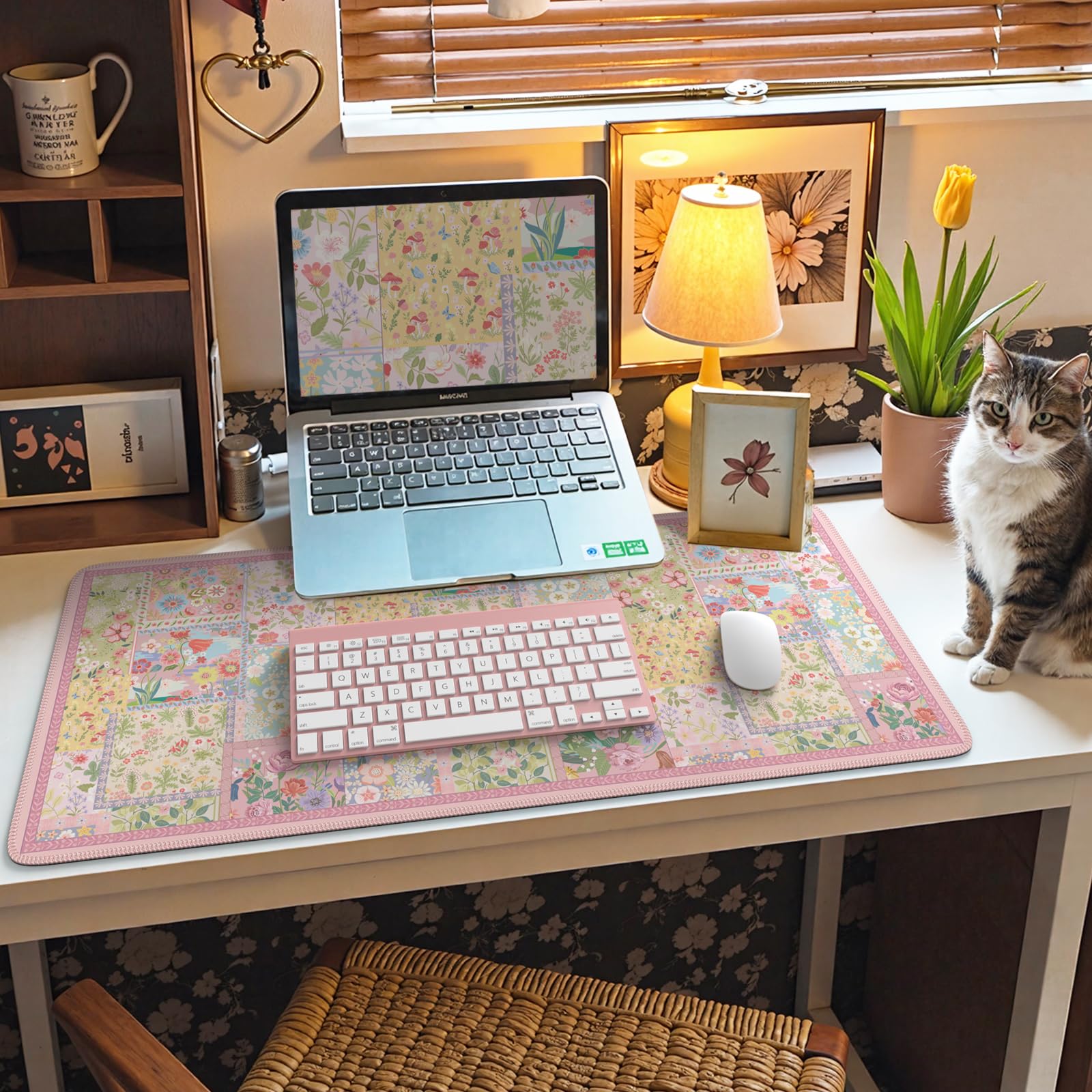 HAOCOO Cute Pink Floral Desk Pad, Large Keyboard Mat with Stitched Edge