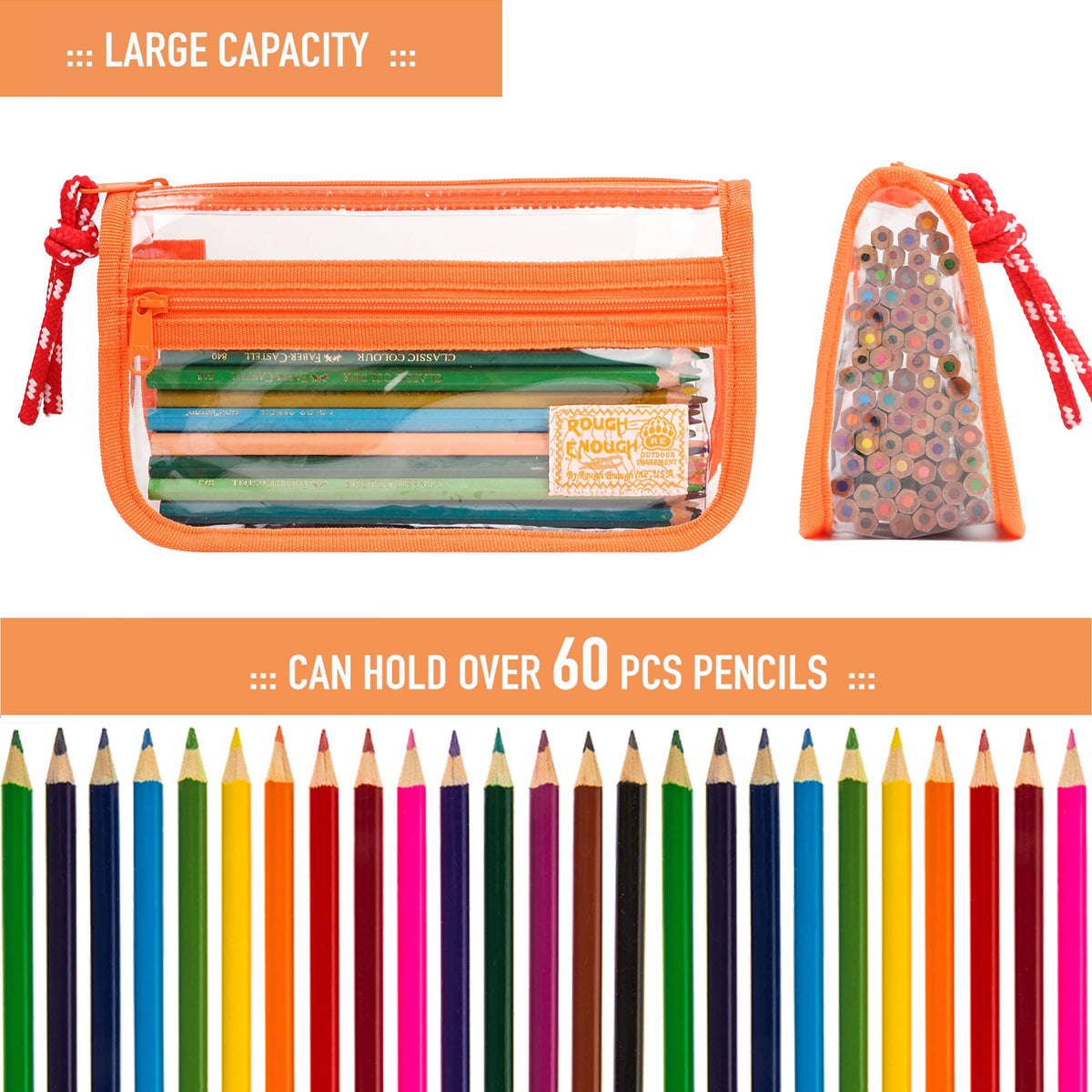 Rough Enough Clear Pencil Case for School, 60+ Pencils Capacity, Orange