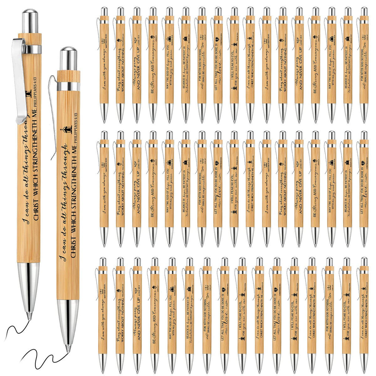 Fumete 50 Pcs Bible Verse Bamboo Pens Bulk, Natural, English