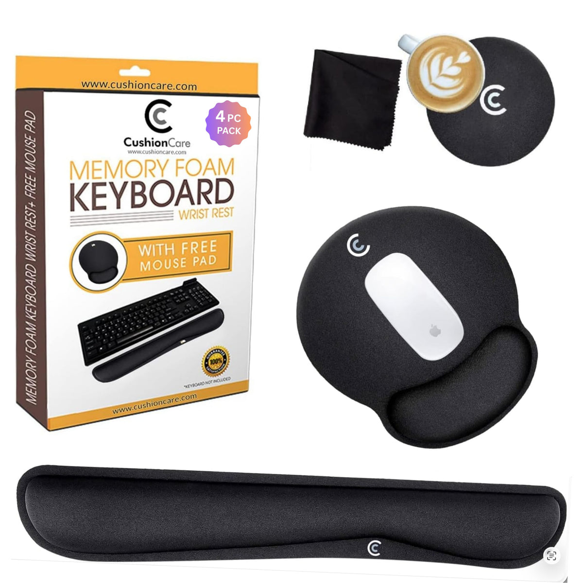 4pc Wrist Rests for Keyboard and Mouse Pad Set - Memory Foam Cushion, Black - Ergonomic Wrists Hand