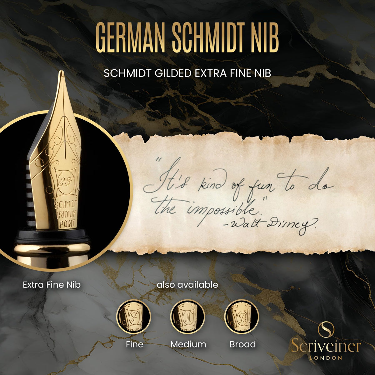 Scriveiner Luxury Fountain Pen - Stunning Black Lacquer Pen, Real Gold Finish, Schmidt Gilded Nib
