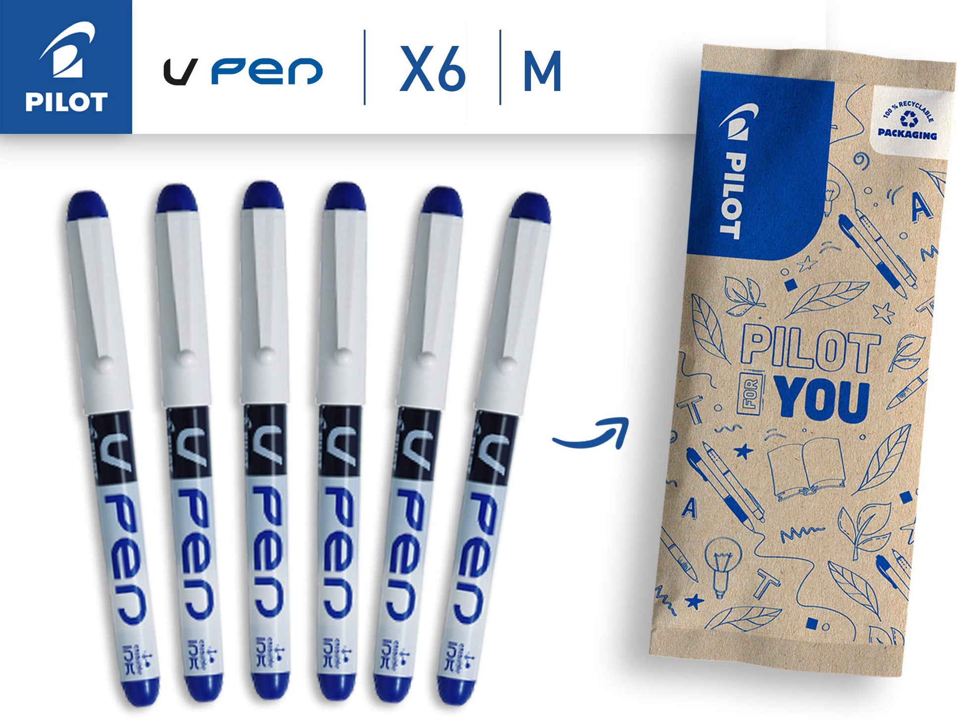 Pilot Vpen Disposable Fountain Pen - Blue (Pack of 6) FLW538929