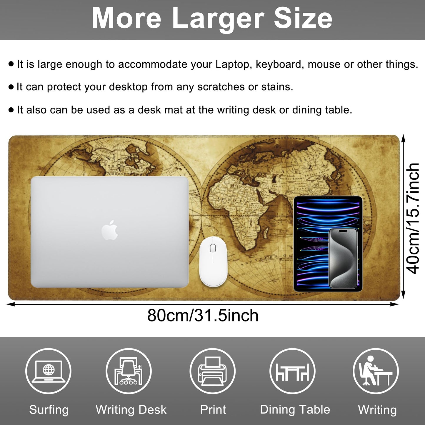 Mouse Pad, Large Antique World Map Desk Mat, Extended Non-Slip Gaming Keyboard Mousepad Desk Pad