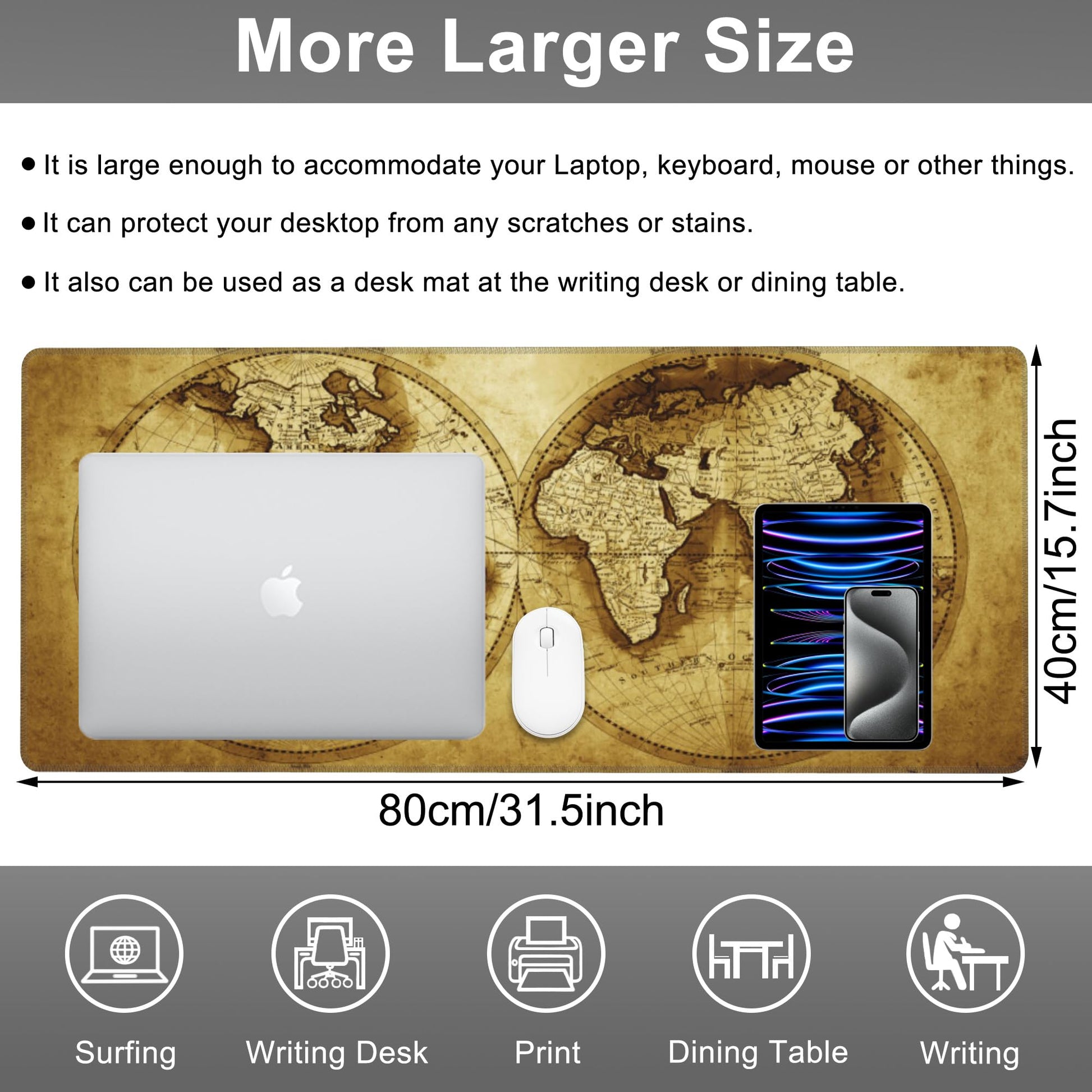 Mouse Pad, Large Antique World Map Desk Mat, Extended Non-Slip Gaming Keyboard Mousepad Desk Pad