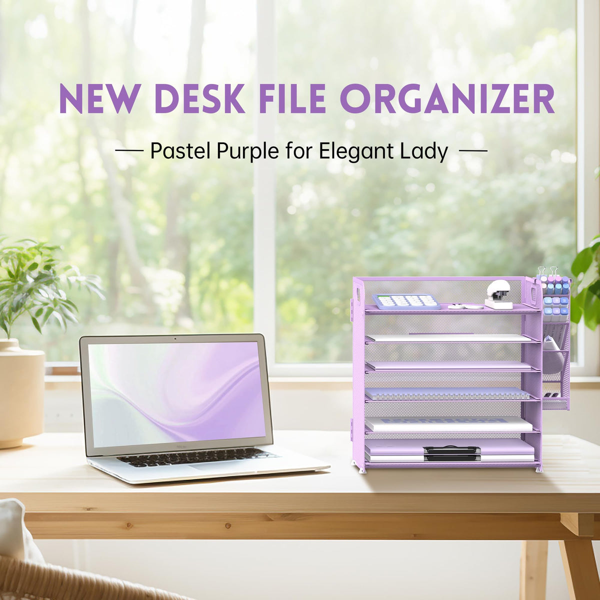 Supeasy 6 Tier Desk Organizer with 4 Pen Holders & Mesh Paper Trays Purple