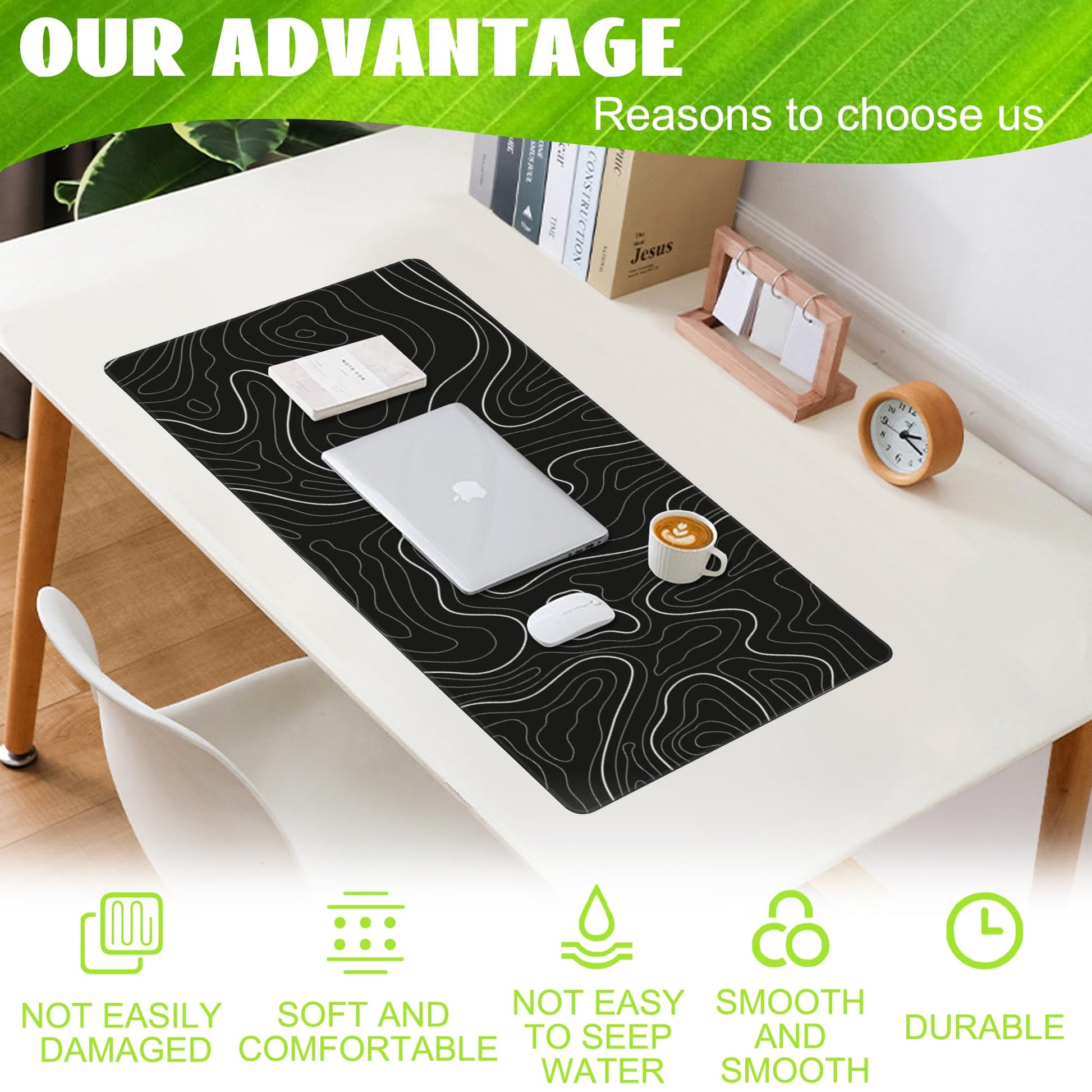 Eflxamz Desk Mat,Black Topographic Contour Map Desk Pad,Topographic Contour Large Gaming Mouse Pad