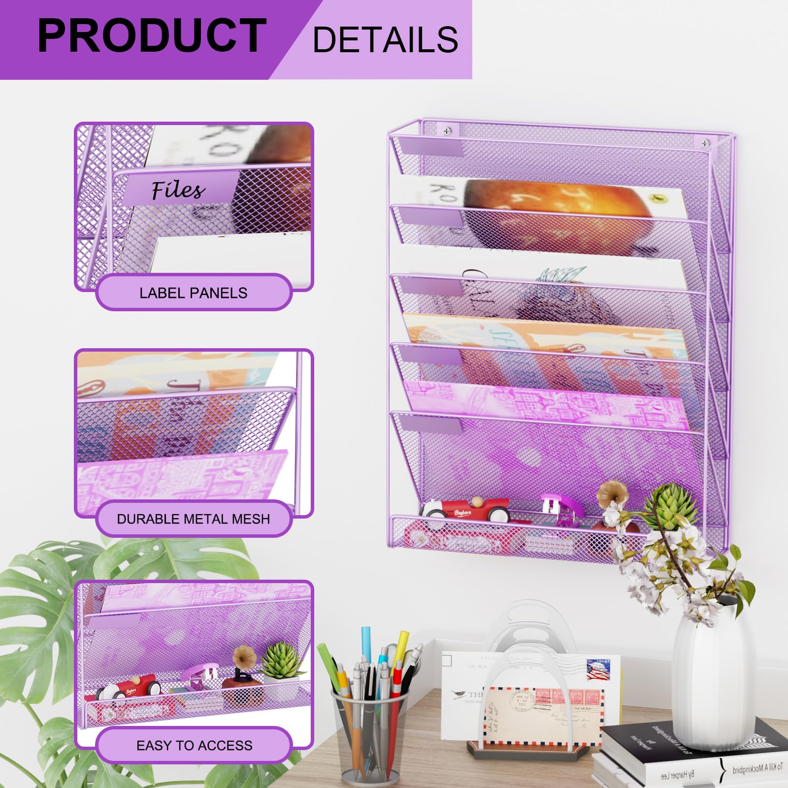 GDINDINFAN Wall File Organizer Holder Mesh Hanging Paper Document Holder, Vertical 6 Pocket Tier