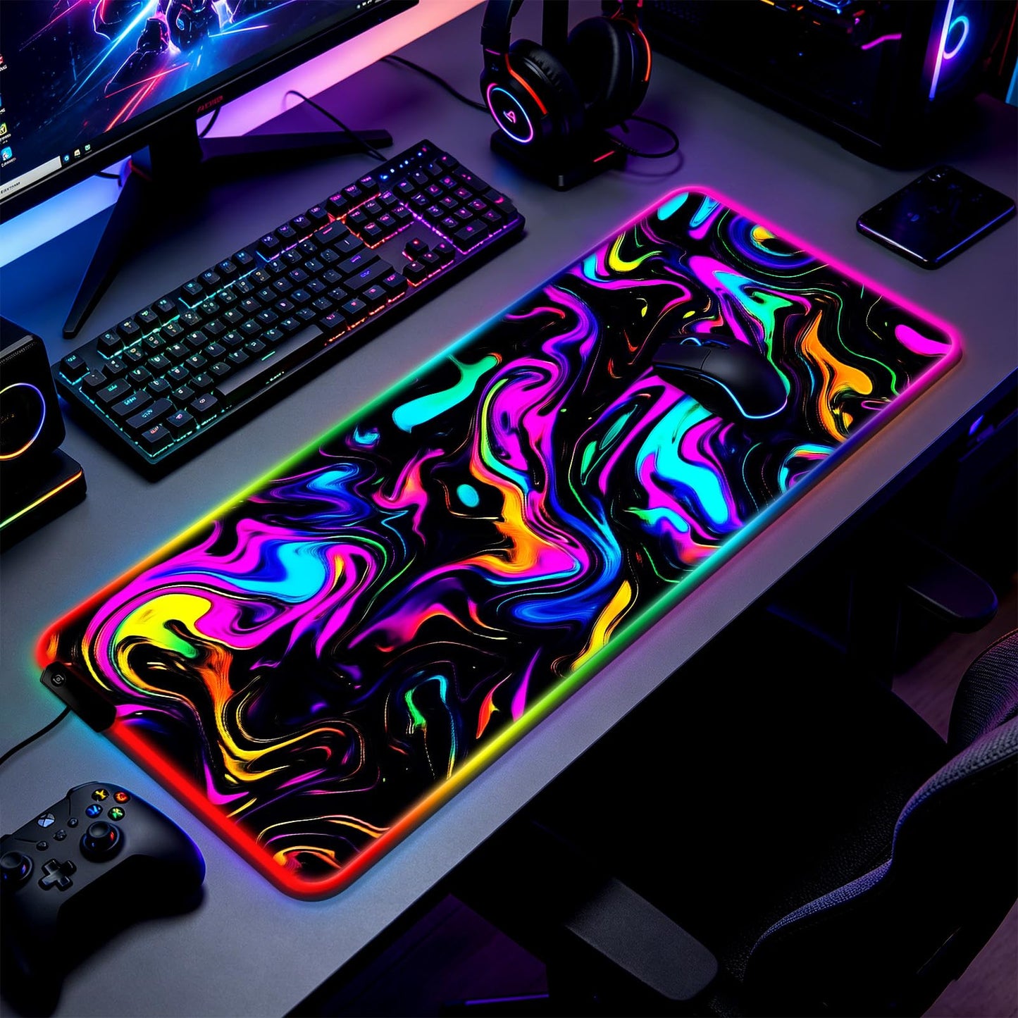 JIANG100 RGB Abstract Fluid Marble Swirl Gaming Desk Mat & Mouse Pad, XL