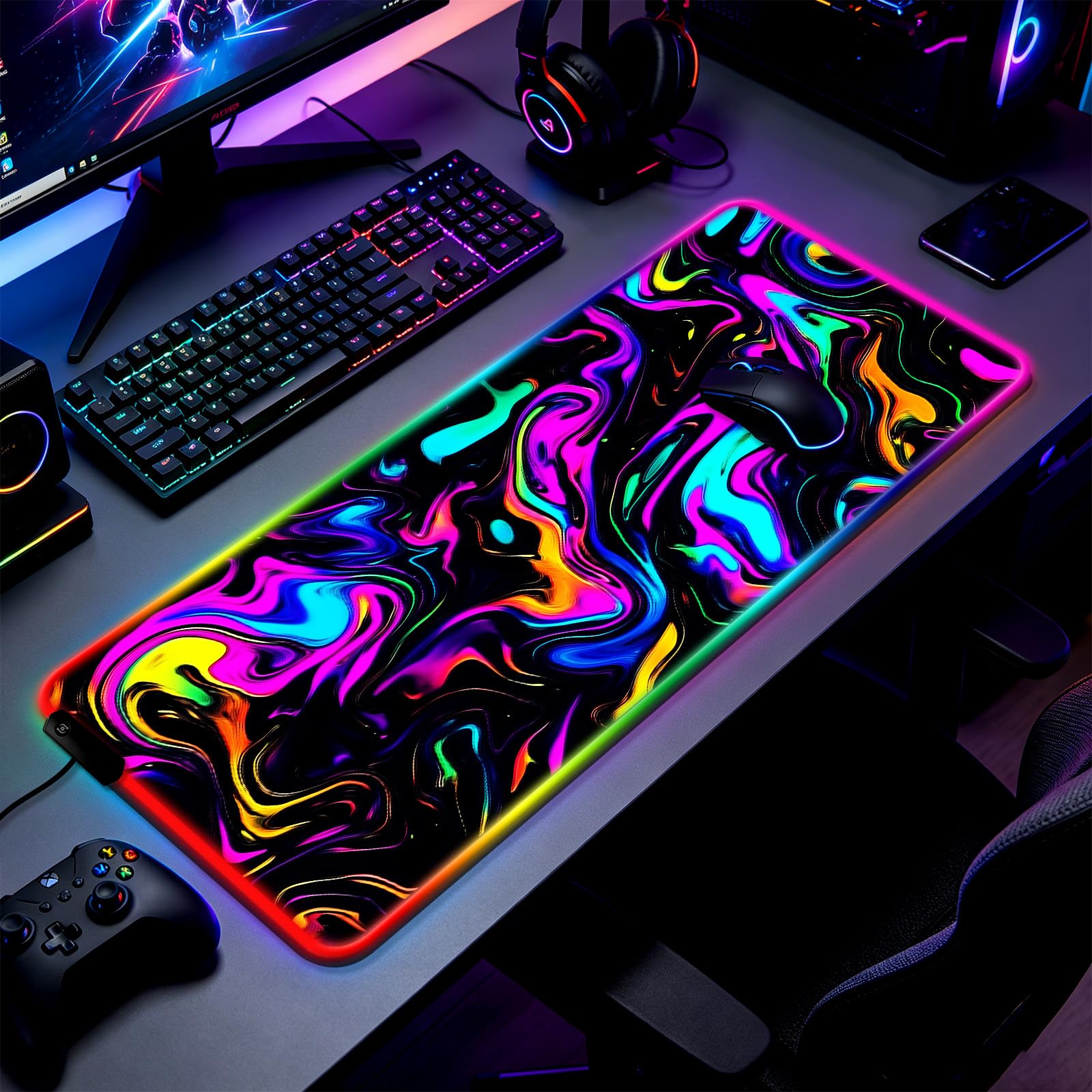 JIANG100 RGB Abstract Fluid Marble Swirl Gaming Desk Mat & Mouse Pad, XL