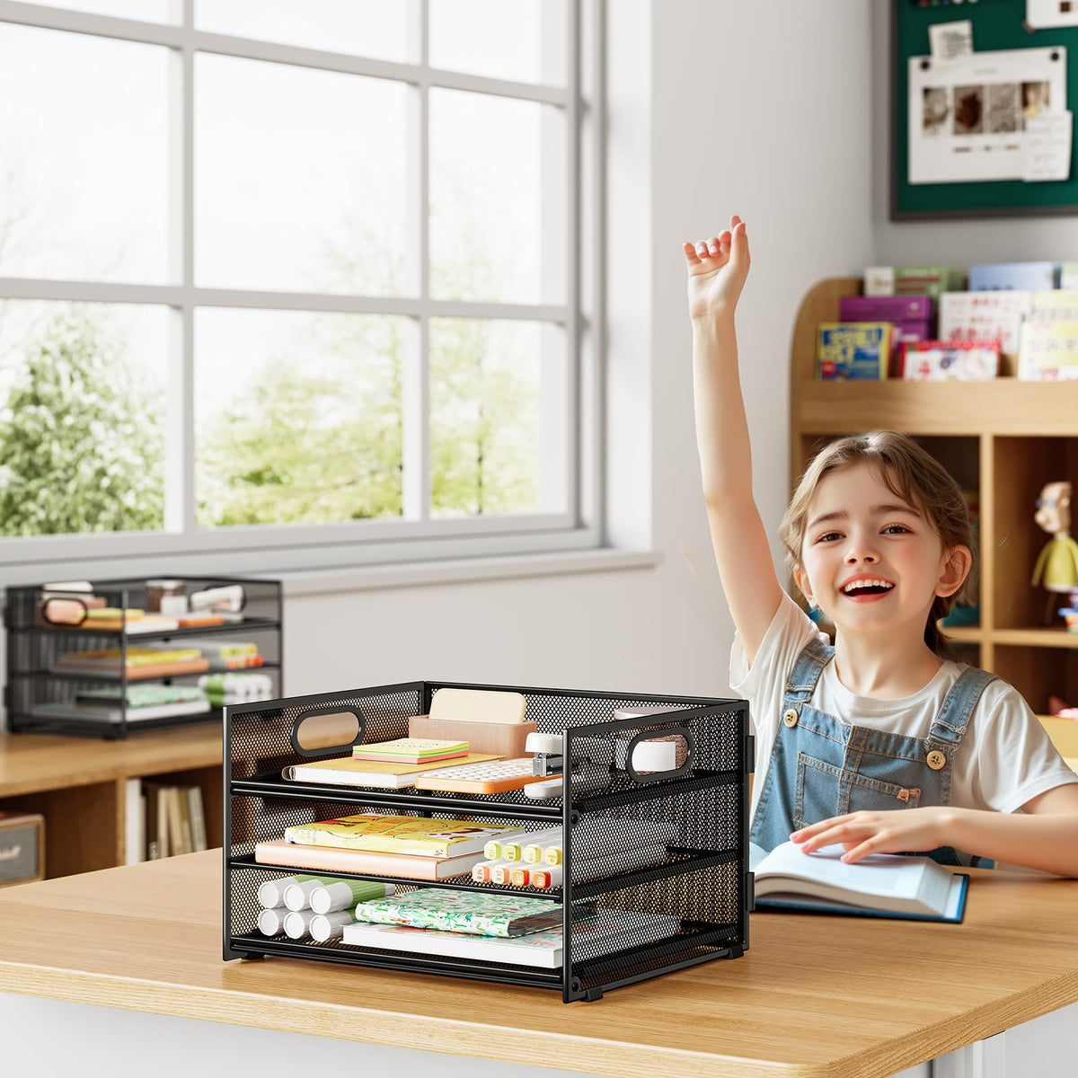 Subekyu 2-Pack 3-Tier Paper Letter Tray Organizer for Desk, Black Metal Mesh File Sorter Organizer