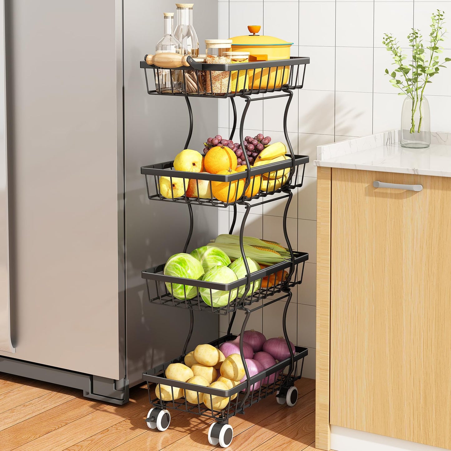 SAYZH 4-Tier Fruit Basket Stand with Vegetable Baskets for Kitchen, Black