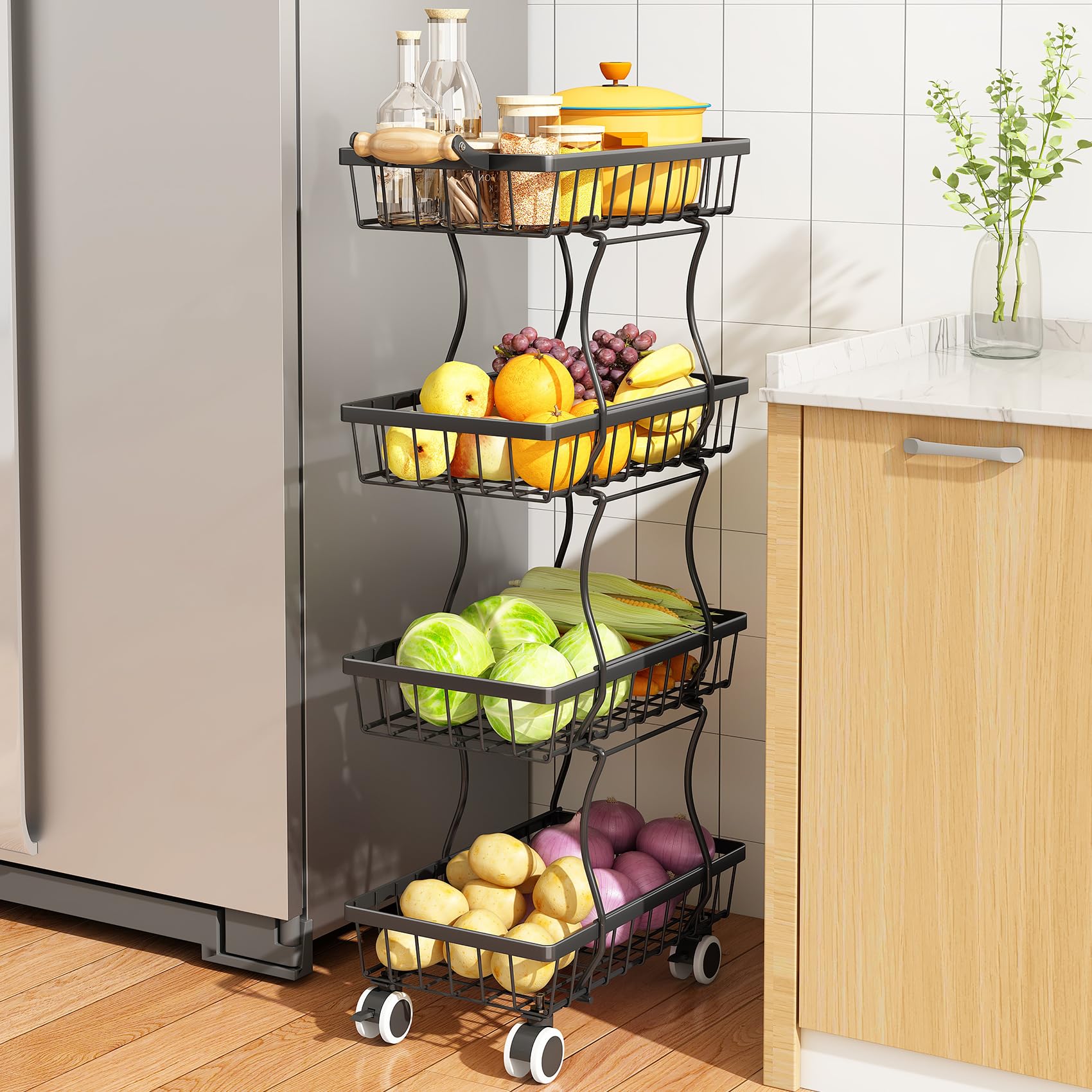 SAYZH 4-Tier Fruit Basket Stand with Vegetable Baskets for Kitchen, Black
