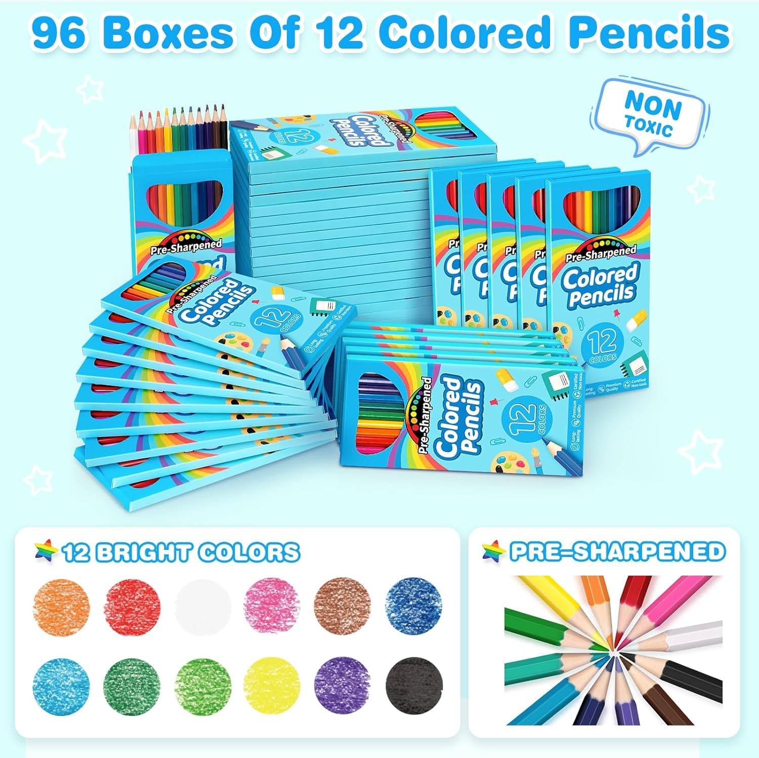 Jumlys 1152 Count Colored Pencils Bulk, 96 Packs Pre-sharpened Color Pencil