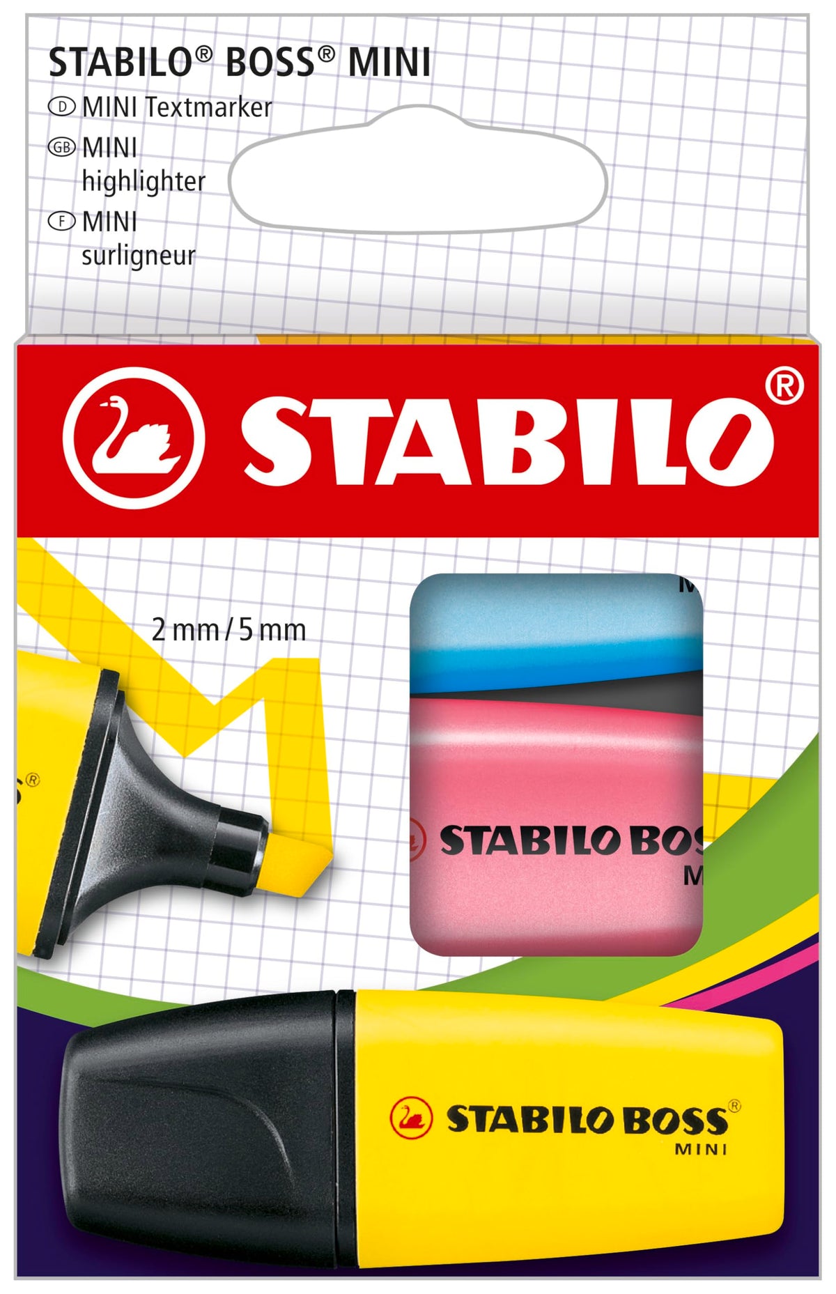 STABILO BOSS Mini Highlighter Set, 3-Color, Yellow, Pink, and Blue