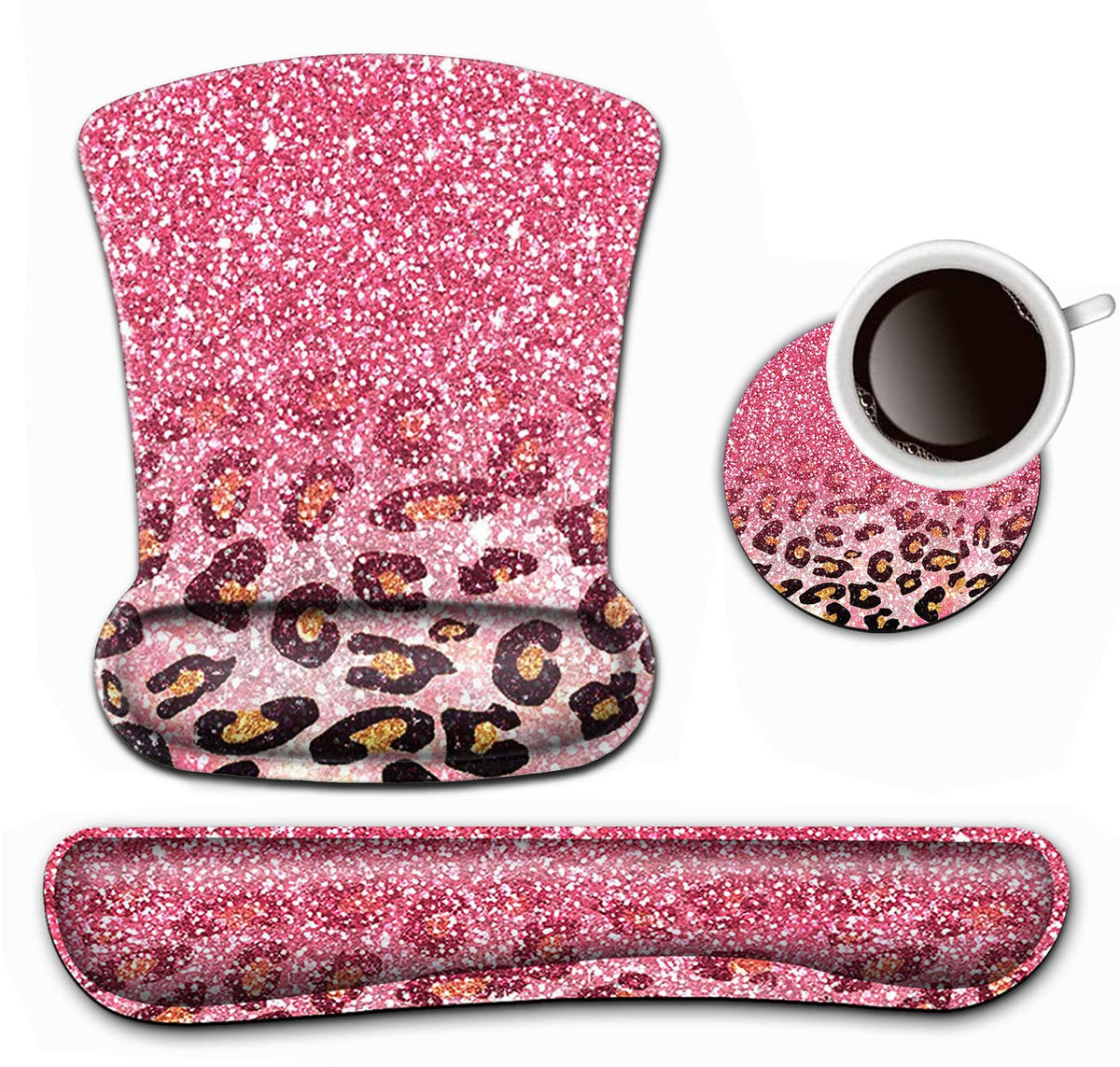 Keyboard Wrist Rest and Mouse Pad Wrist Support Set,Cute Pink Faux Glitter Leopard Ergonomic Gel