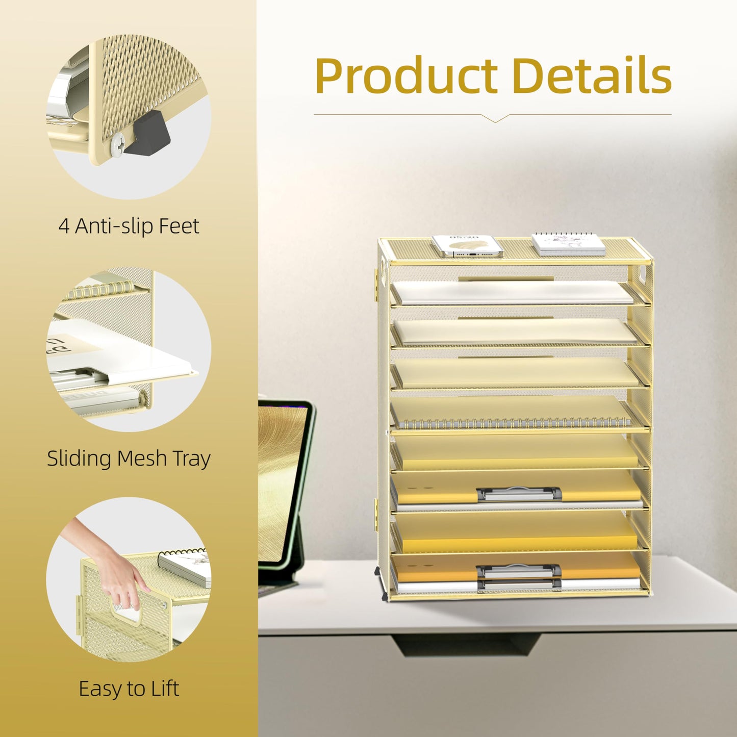 9-Tier Paper Organizer for Desk, Metal Mesh Letter Tray with Handles, Gold