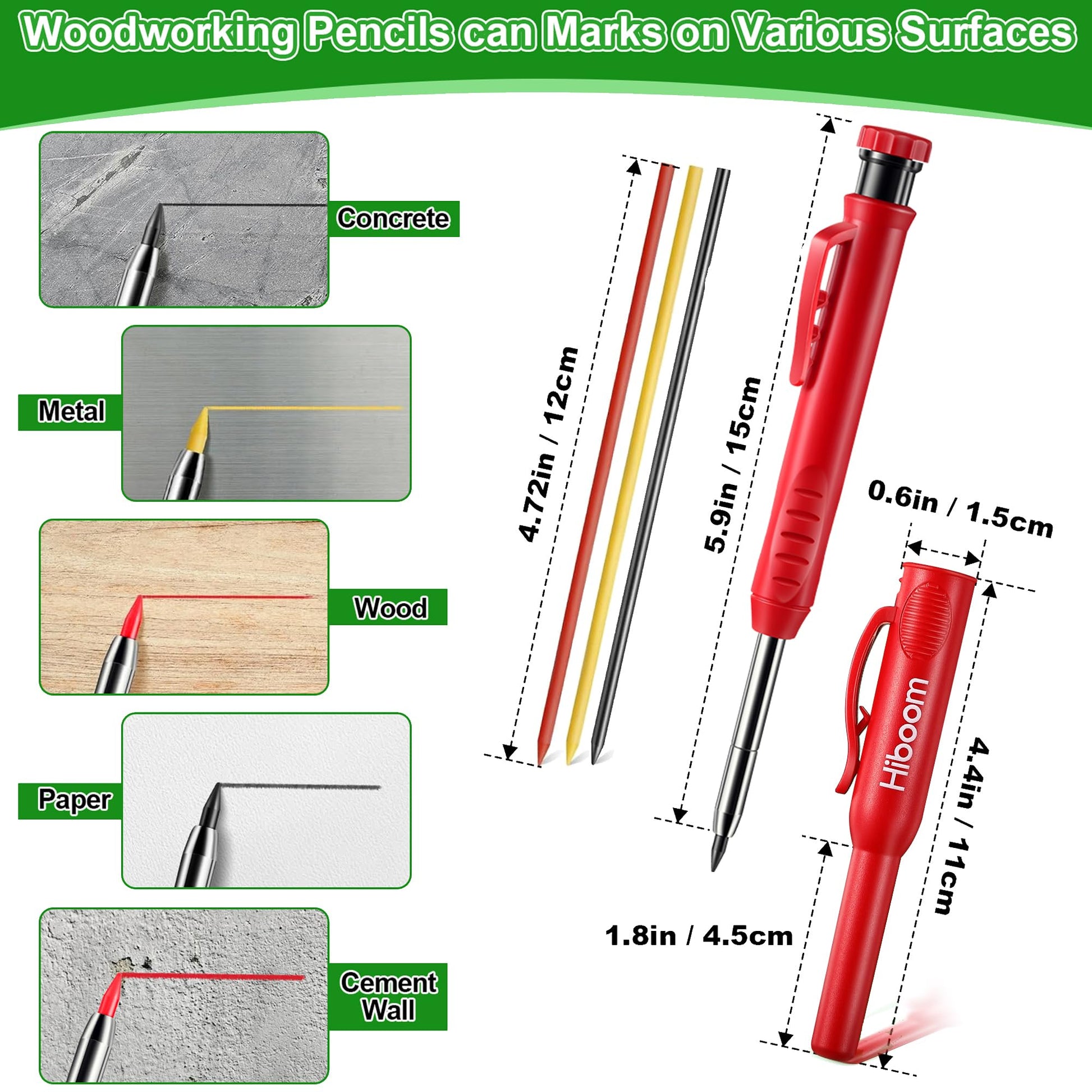 Hiboom 4 Pack Carpenter Pencil with 36 Refills Built In Sharpener (Red)